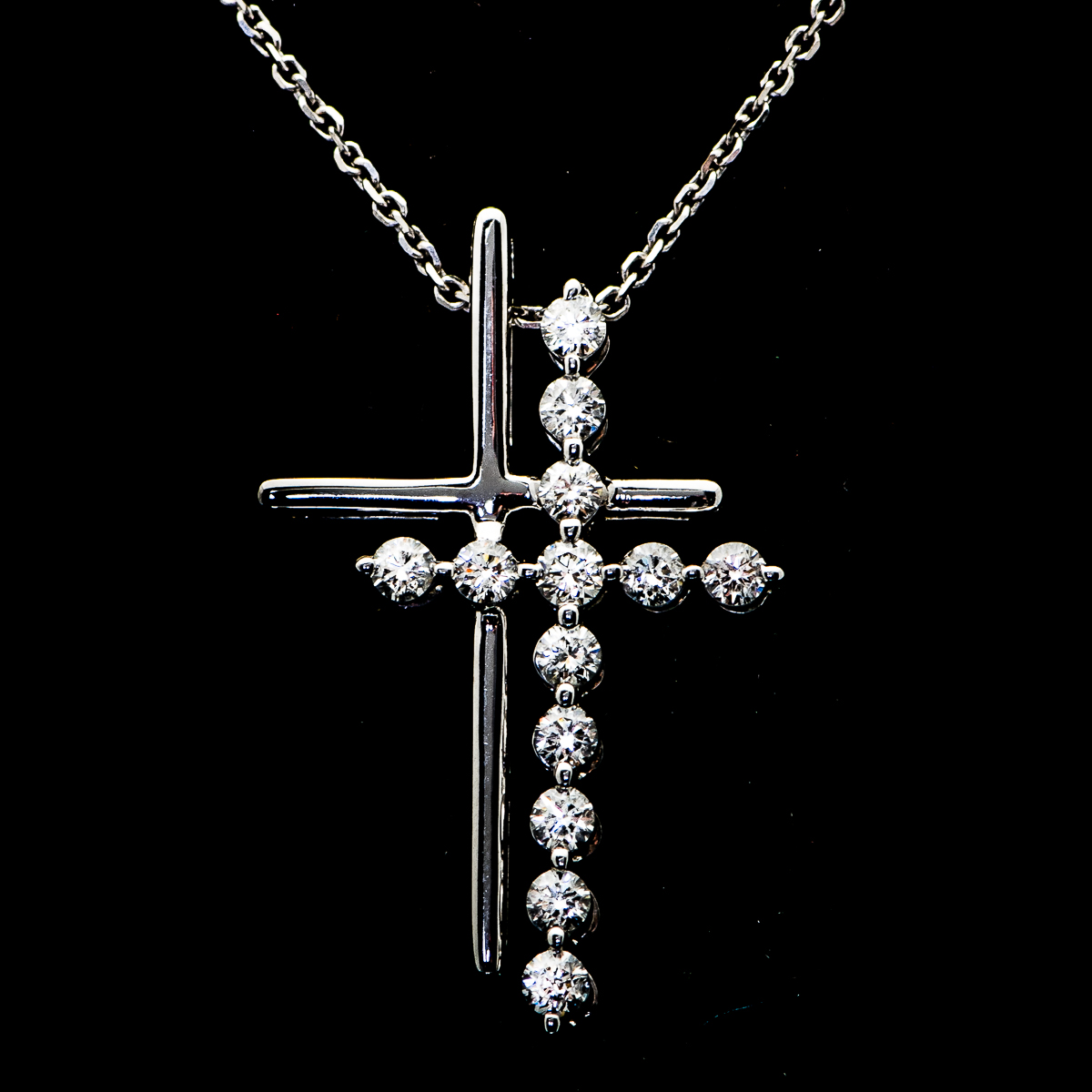 14K White Gold and Diamond Double Cross Pendant Necklace