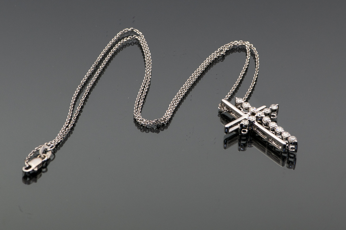 14K White Gold and Diamond Double Cross Pendant Necklace