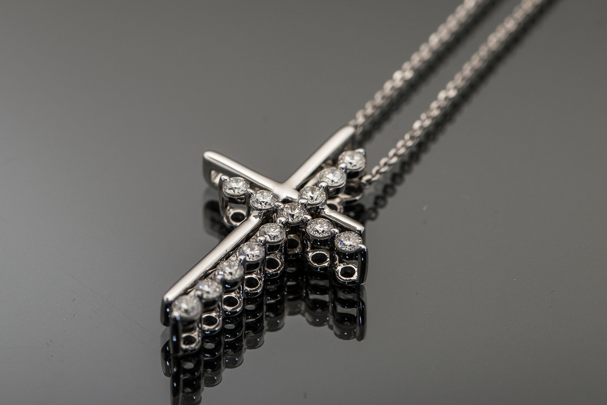 14K White Gold and Diamond Double Cross Pendant Necklace