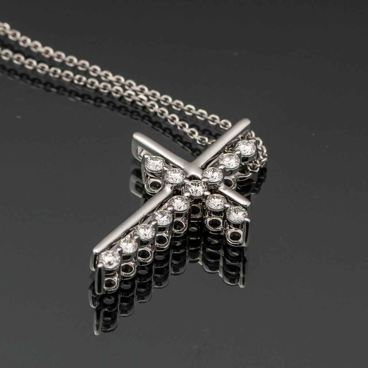 14K White Gold and Diamond Double Cross Pendant Necklace