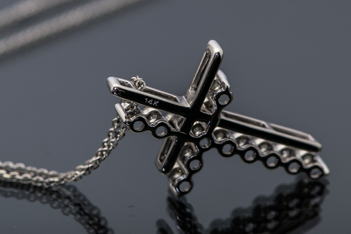 14K White Gold and Diamond Double Cross Pendant Necklace