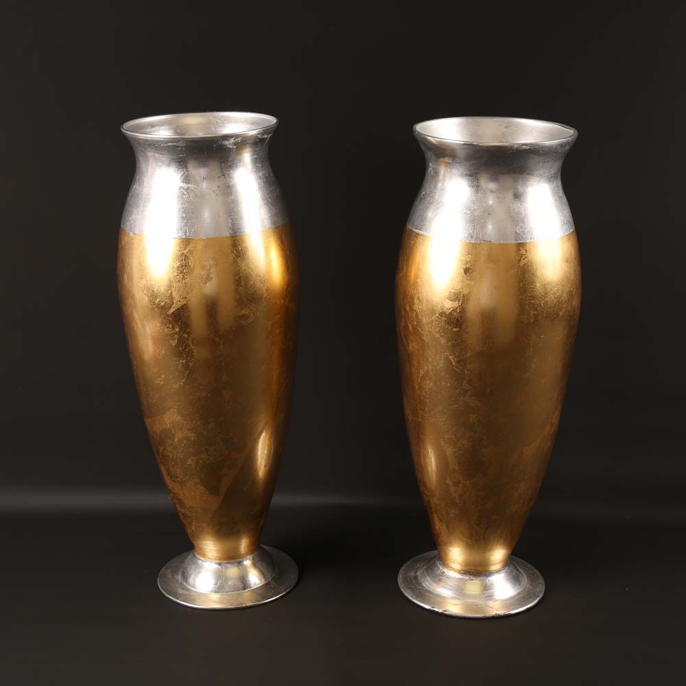 Pair of Tall Vases with Gold Tone and SIlver Tone Leaf
