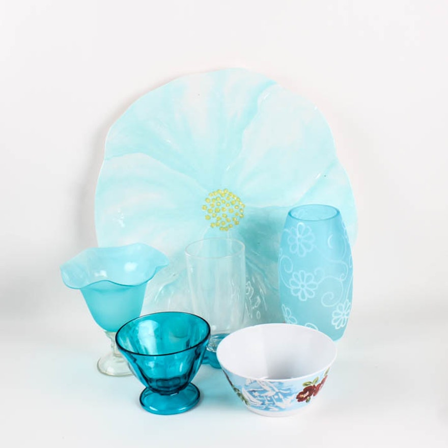 Assortment of Blue and Floral Tableware and Vases