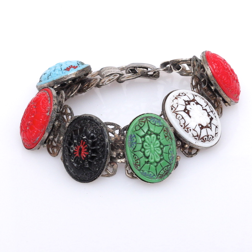 Silver Multi Colored Carved Bracelet