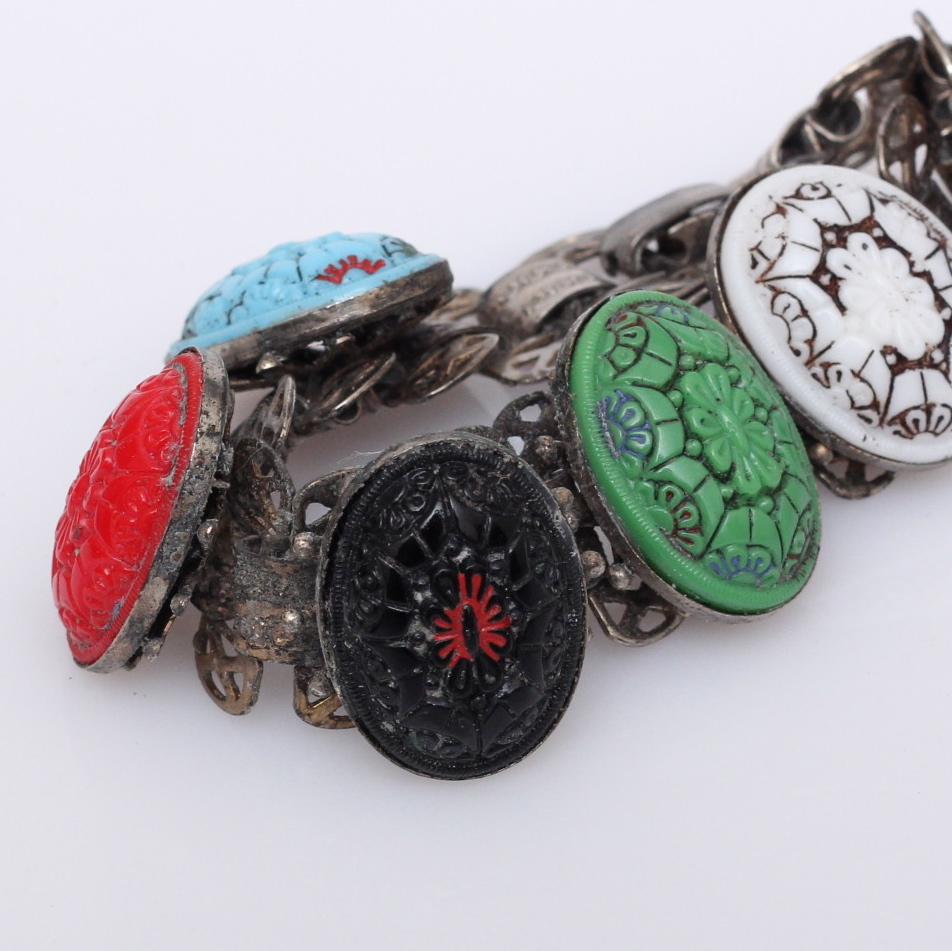 Silver Multi Colored Carved Bracelet