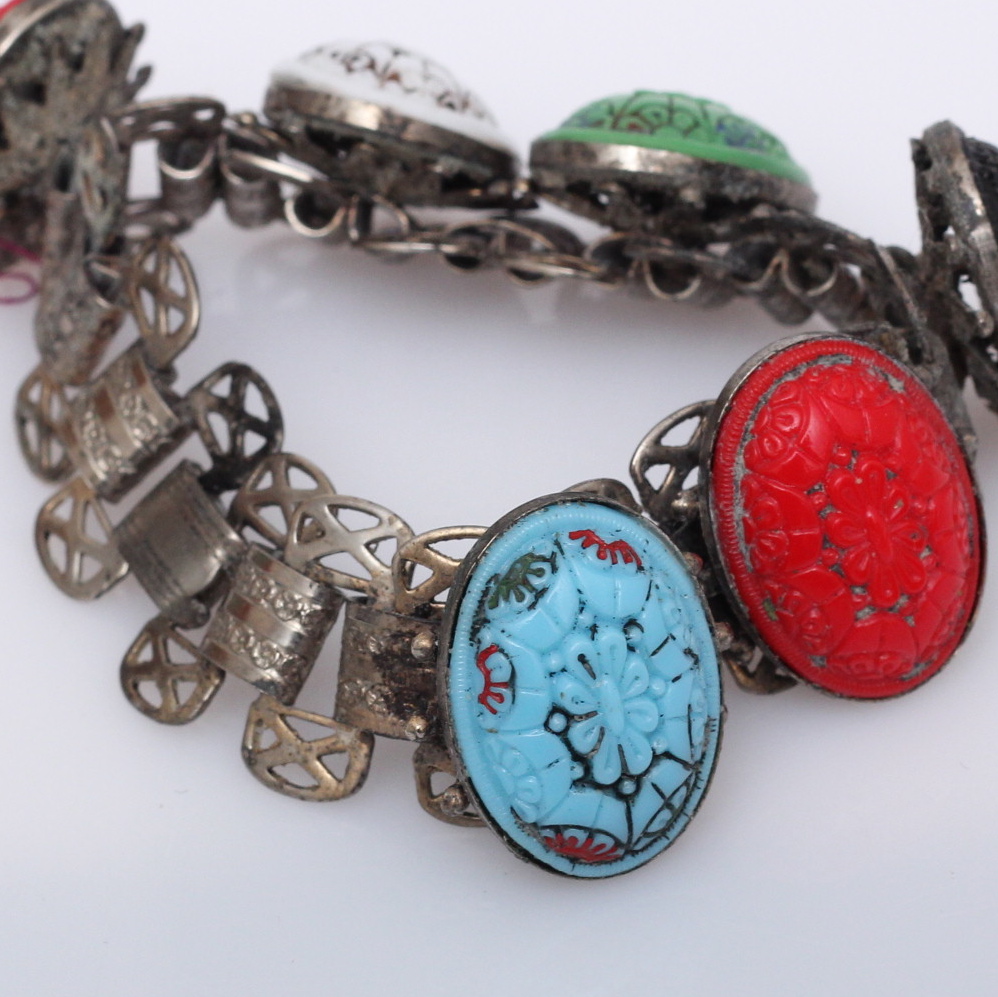 Silver Multi Colored Carved Bracelet