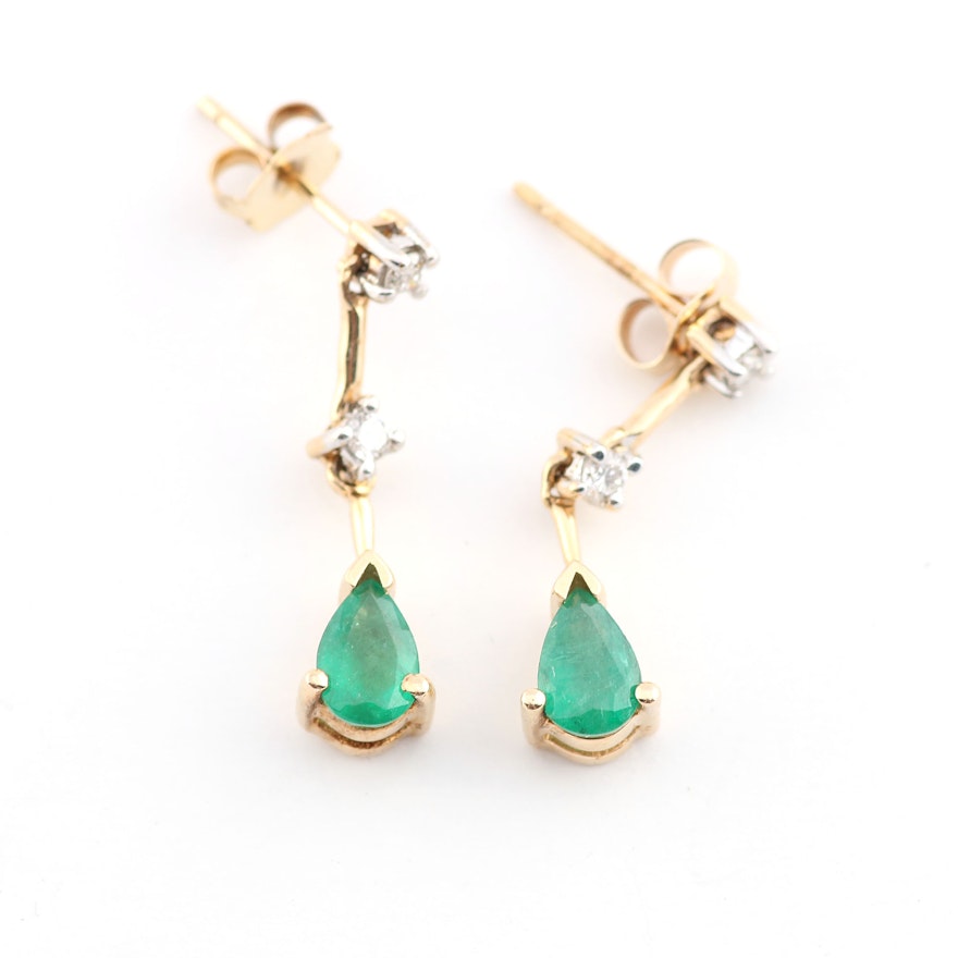 14K Yellow Gold Diamond And Emerald Earrings