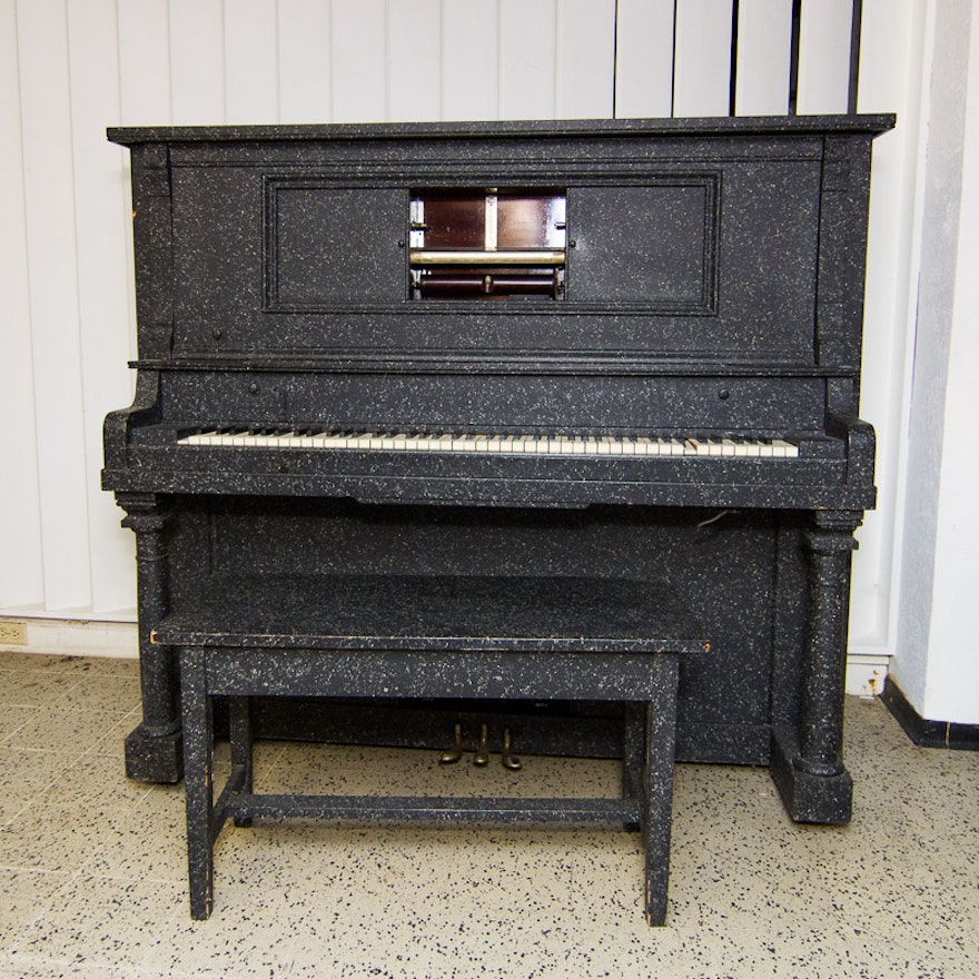 Antique Chase-Hackley "Exceltone" Player Piano with Bench and Music Roll Collection