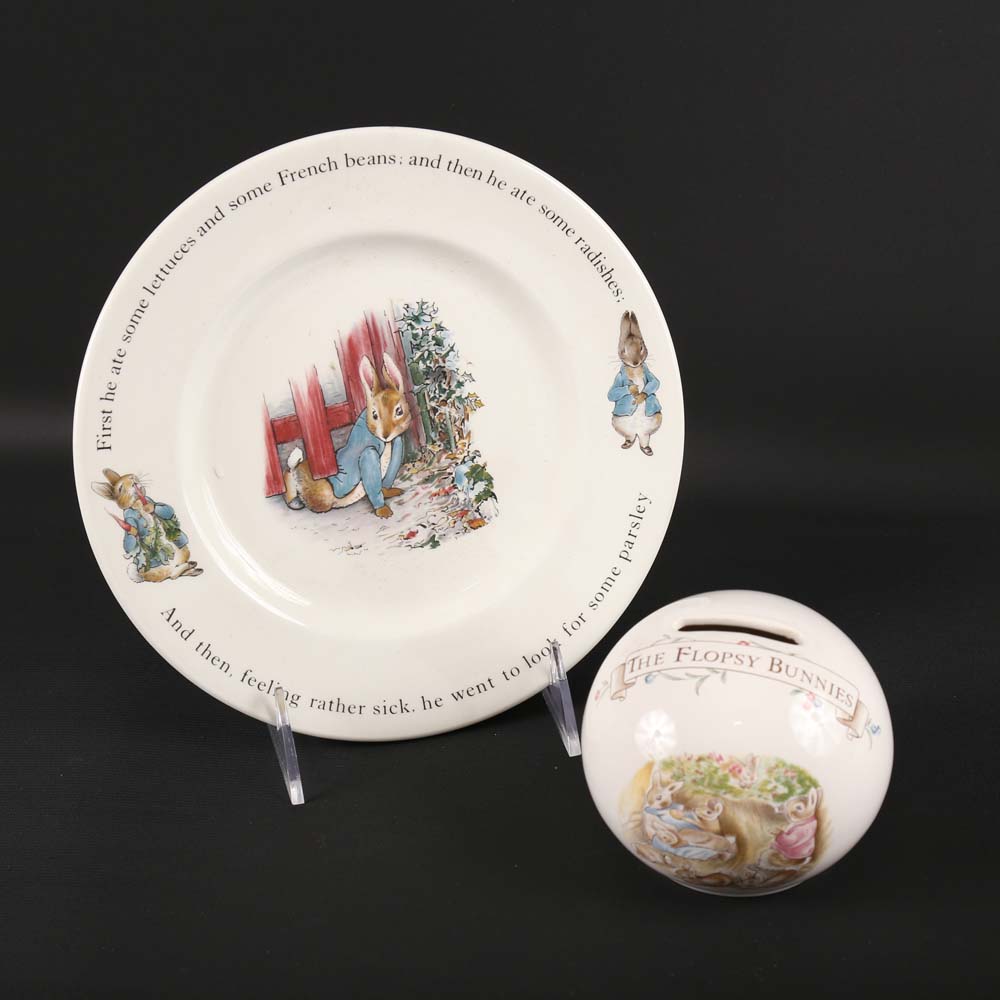 Wedgwood Peter Rabbit Plate and Royal Albert Flopsy Bunny Bank
