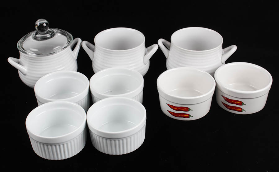 Collection of Porcelain Soufflé DIshes and Stoneware Creamers