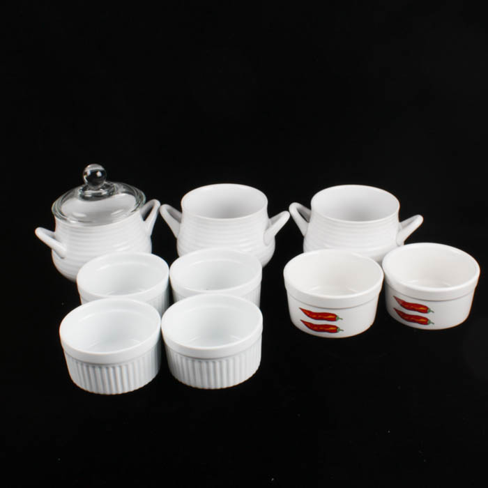 Collection of Porcelain Soufflé DIshes and Stoneware Creamers