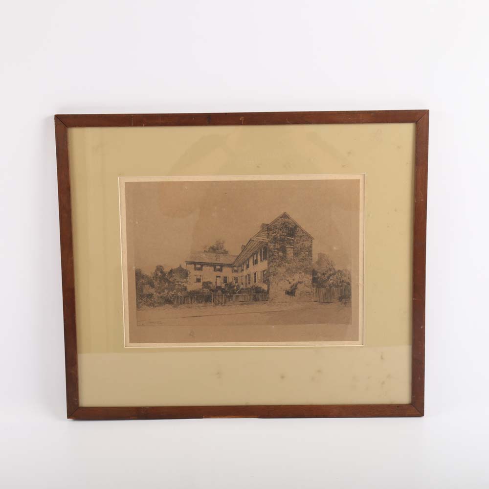 Antique Robert Shaw Etching "Old Barracks, Trenton, NJ, 1758"