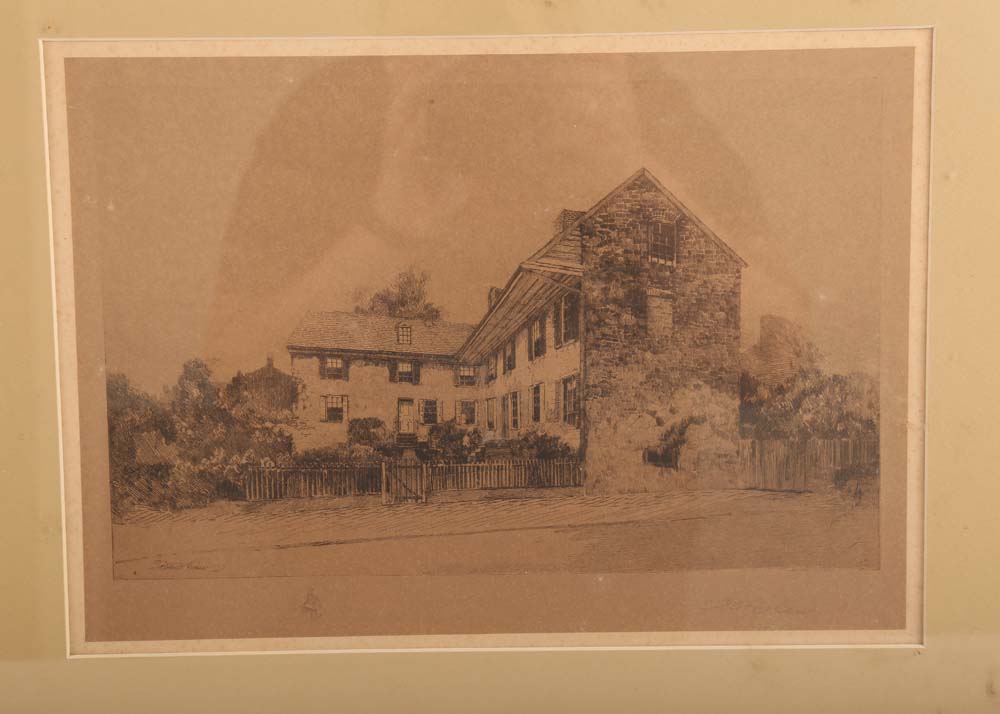 Antique Robert Shaw Etching "Old Barracks, Trenton, NJ, 1758"