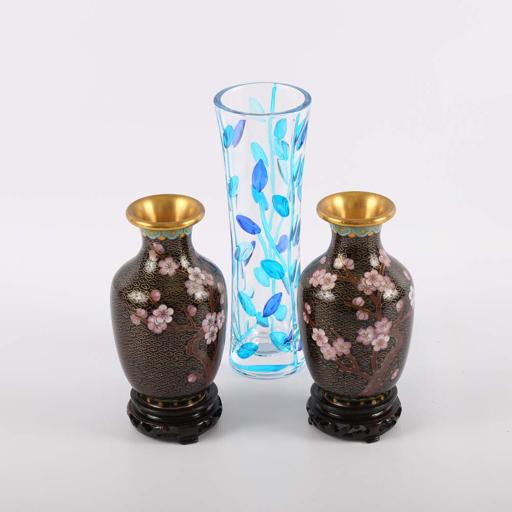 Pair of Chinese Cloisonné Vases and a Bud Vase