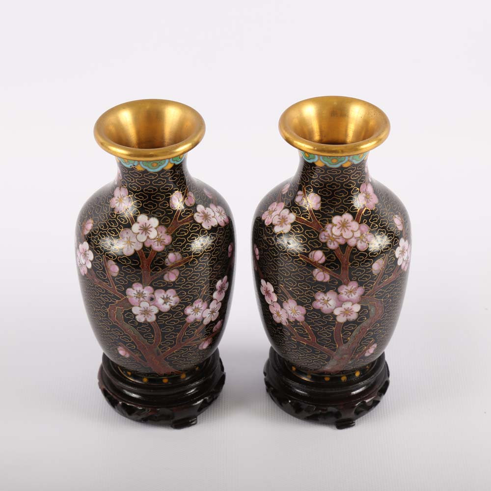 Pair of Chinese Cloisonné Vases and a Bud Vase
