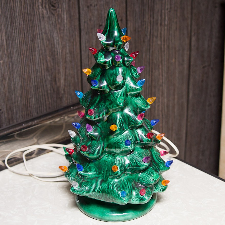 1974 Light Up Ceramic Christmas Tree with Plastic Ornaments