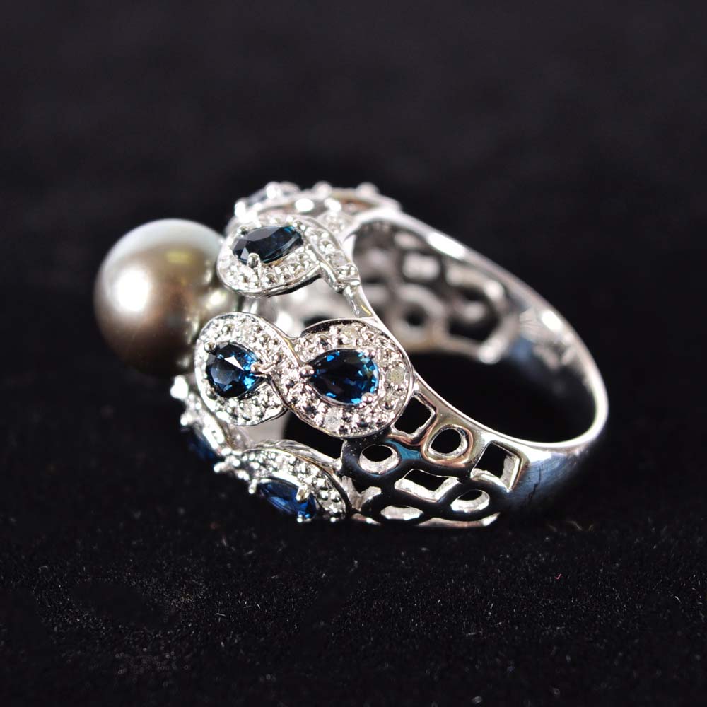 14K Gray Tahitian Pearl Blue Sapphire and Diamond Ring