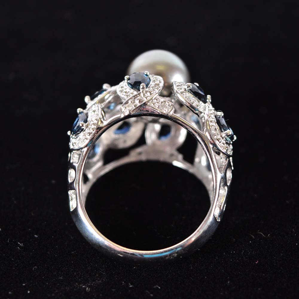 14K Gray Tahitian Pearl Blue Sapphire and Diamond Ring