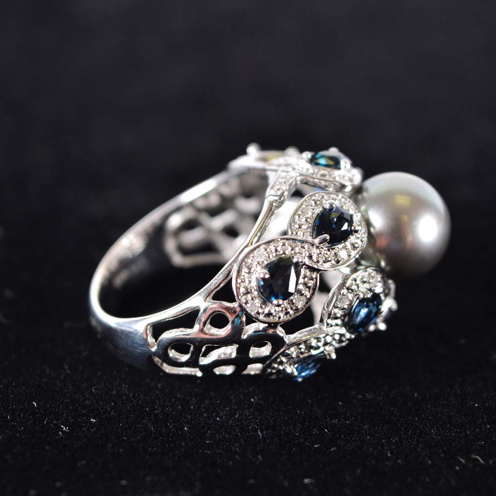 14K Gray Tahitian Pearl Blue Sapphire and Diamond Ring