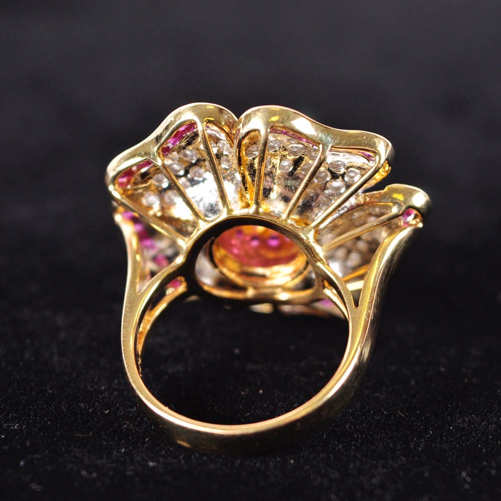 18K Gold Ruby and Diamond Flower Ring