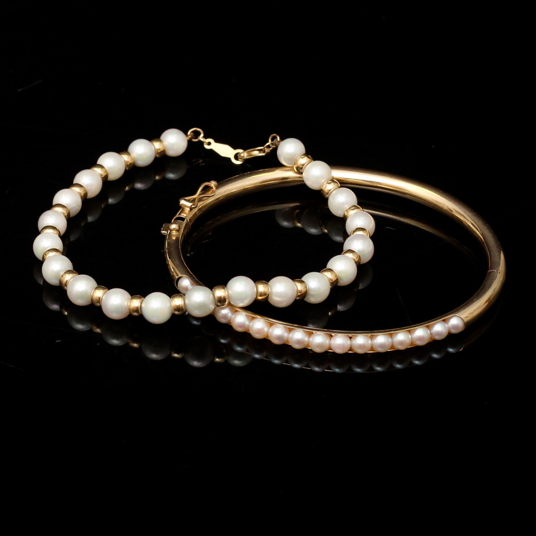 Pair of 14K Yellow Gold Pearl Bracelets