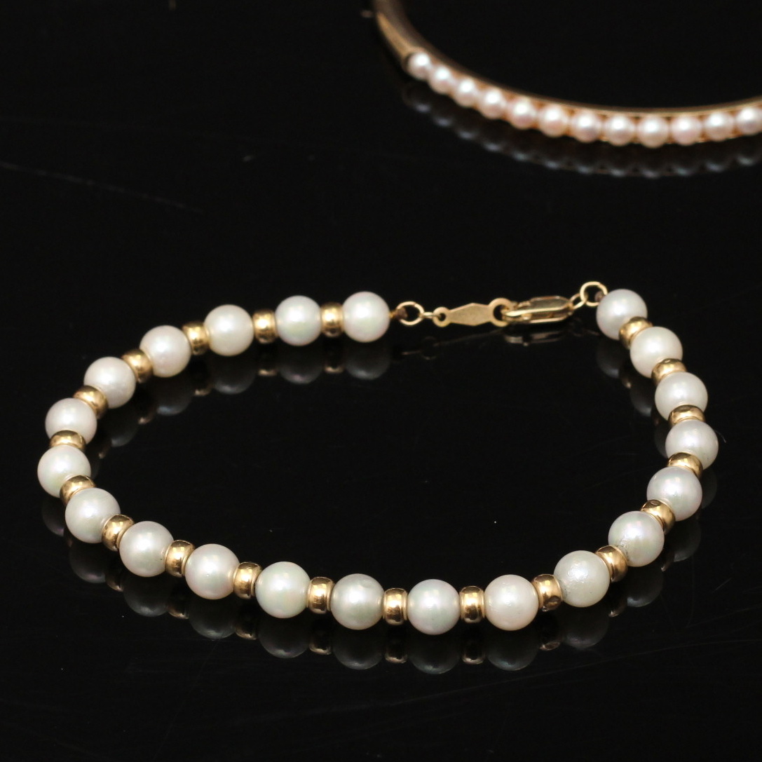 Pair of 14K Yellow Gold Pearl Bracelets