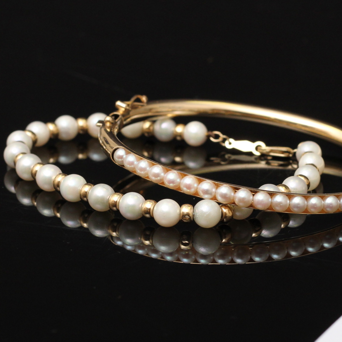 Pair of 14K Yellow Gold Pearl Bracelets