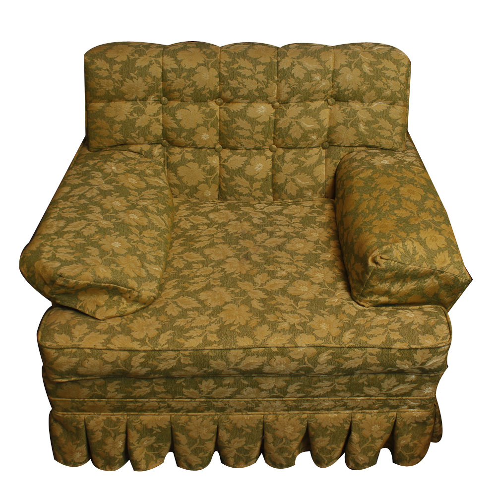 1960s Vintage Gold Floral and Green Tufted Club Chair