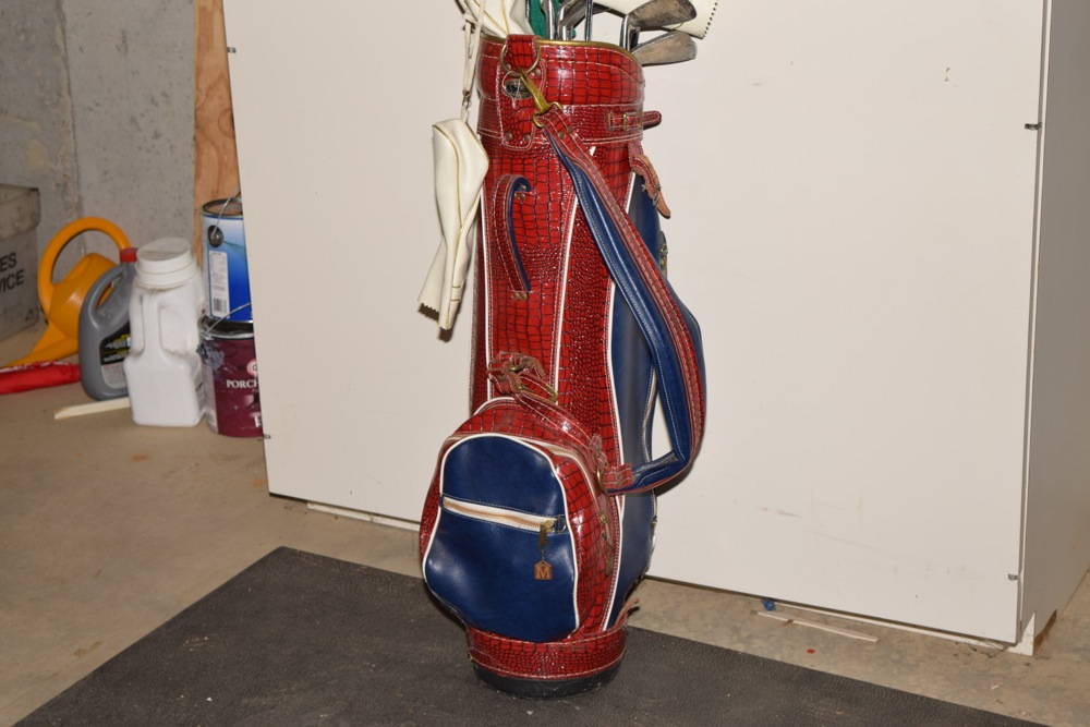 Vintage Red, White and Blue Faux Alligator Golf Bag and Clubs