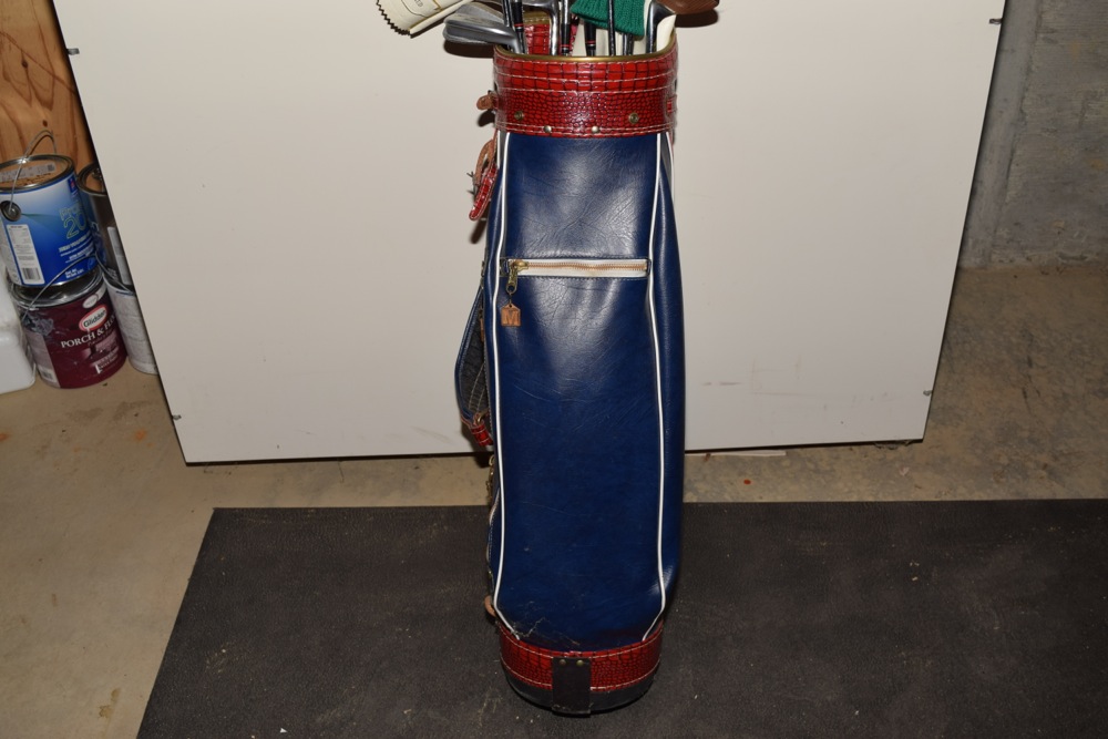 Vintage Red, White and Blue Faux Alligator Golf Bag and Clubs