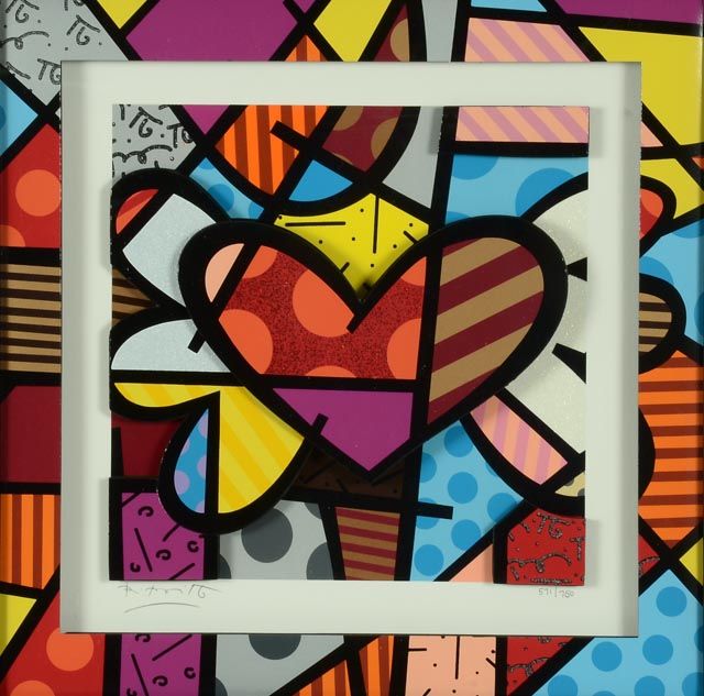 Romero Britto Signed Limited Edition Mixed Media "Flying Heart"