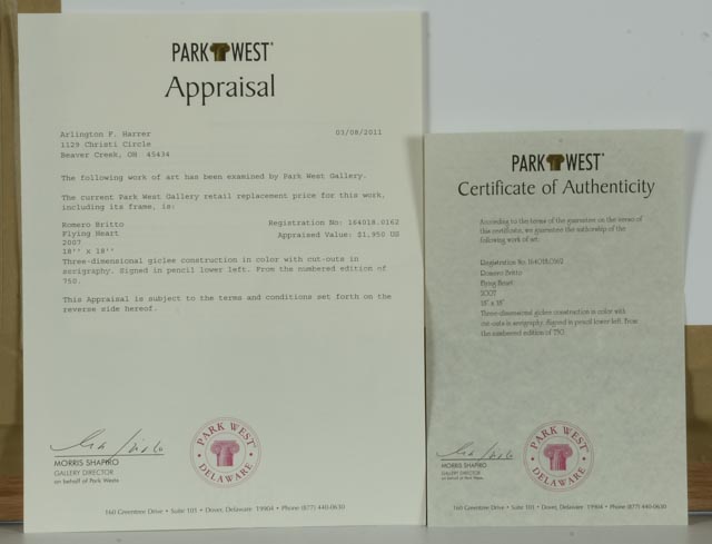 Romero Britto Signed Limited Edition Mixed Media "Flying Heart"