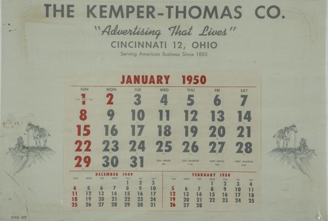 Vintage 1950 Kemper-Thomas Co. Partial Calendar