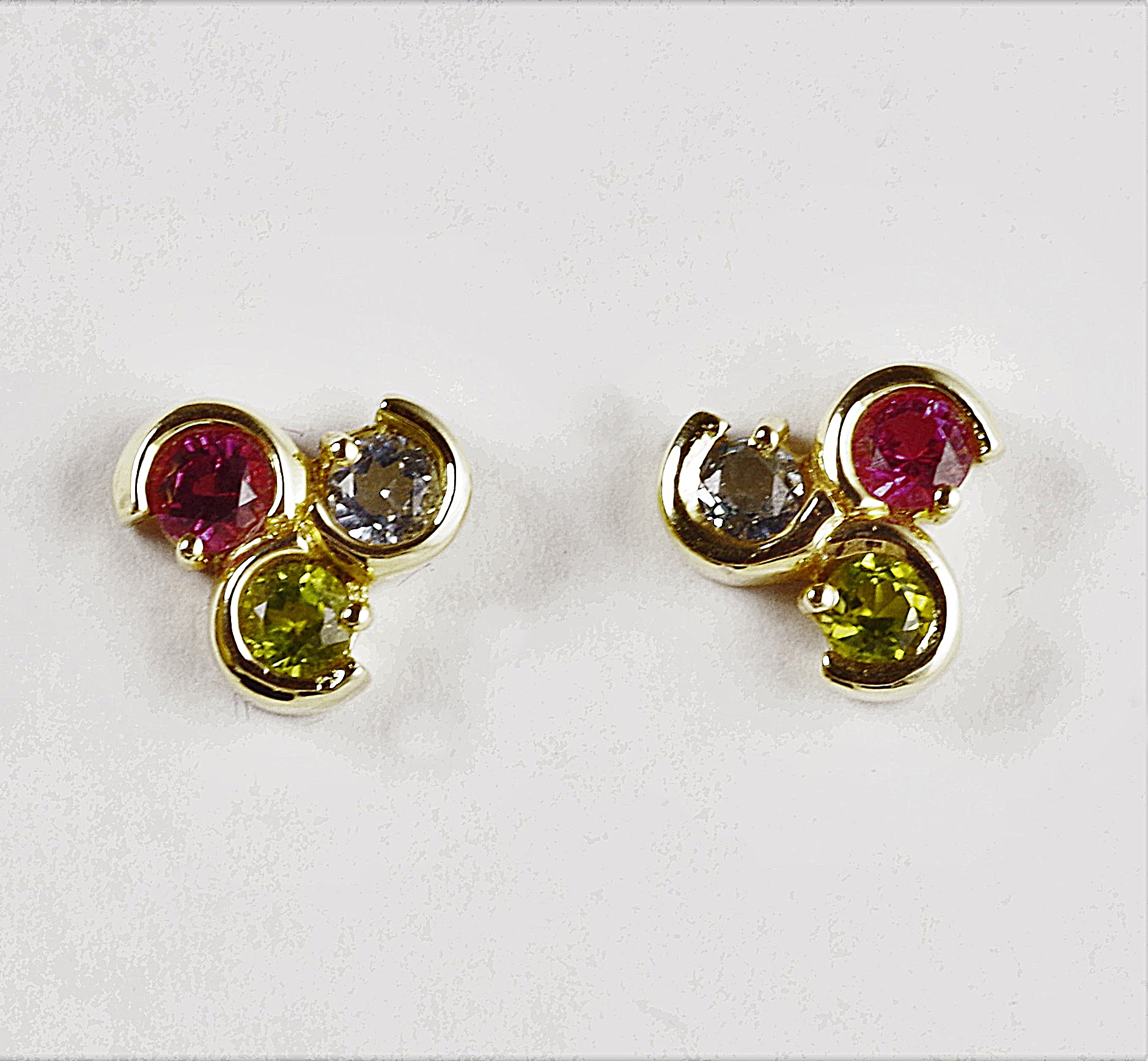 Aquamarine, Pink Tourmaline, Peridot, and 14K Yellow Gold Earrings