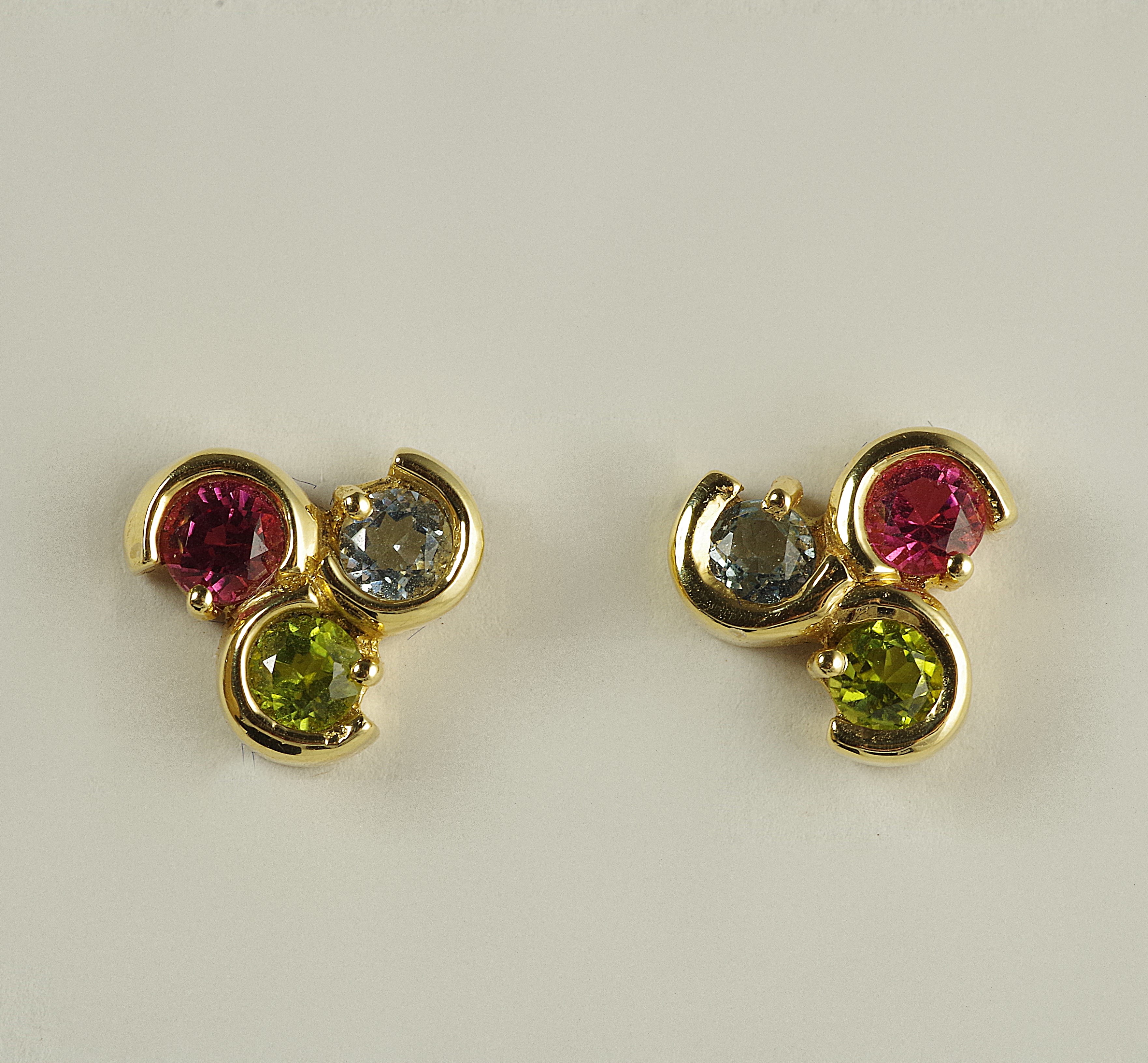 Aquamarine, Pink Tourmaline, Peridot, and 14K Yellow Gold Earrings