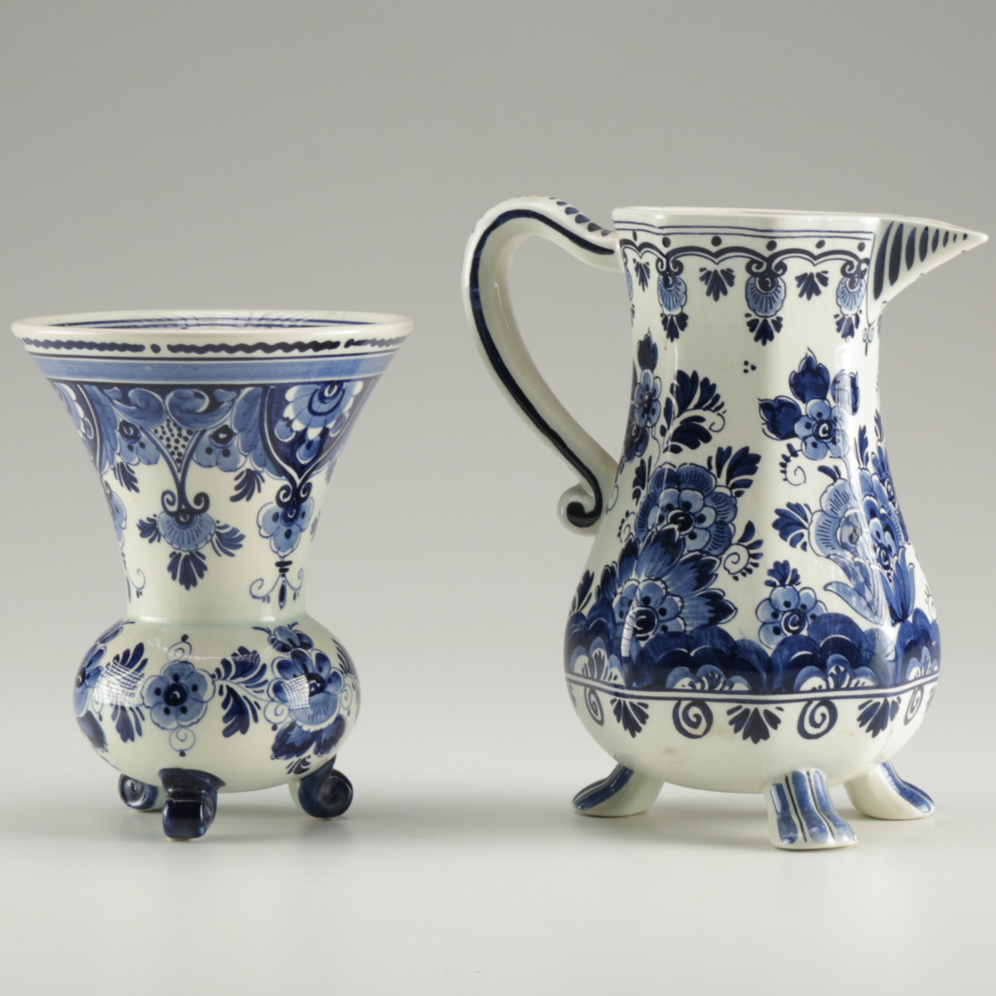 Blue and White Delfts Blauw Hand Painted Porcelain Pitcher And Vase