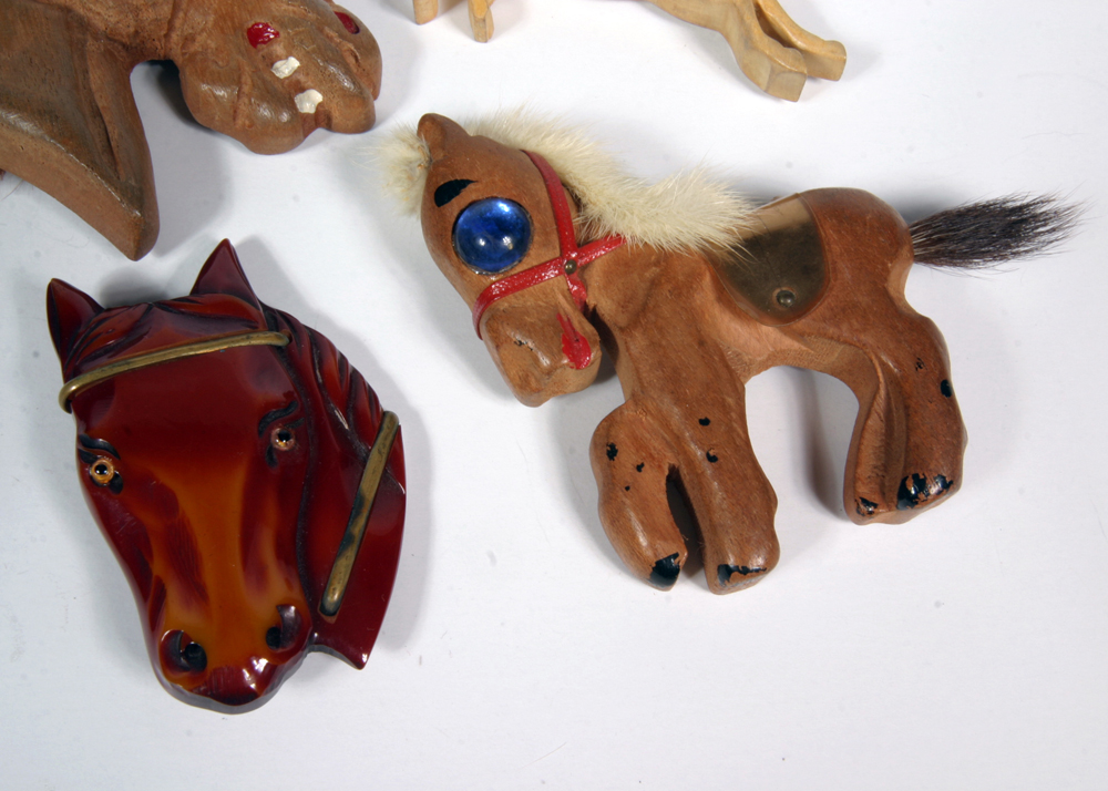 Collection of Bakelite and Carved Wood Horse Brooches