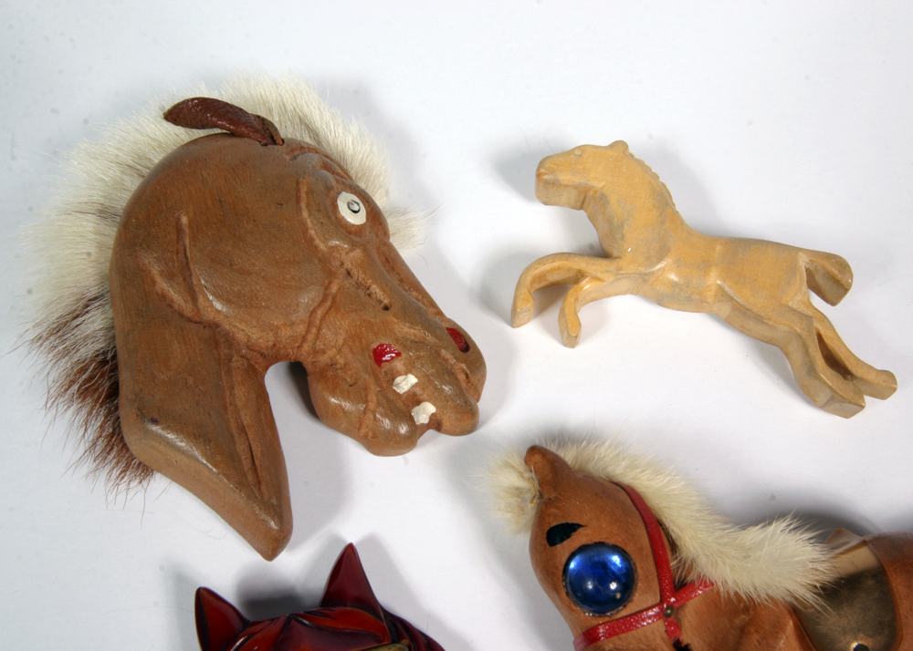 Collection of Bakelite and Carved Wood Horse Brooches