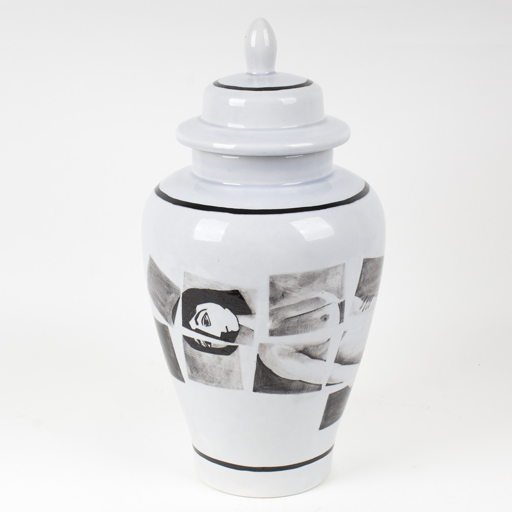 Peter Van Rossum Rare Signed Black Delft Urn Depicting Nude