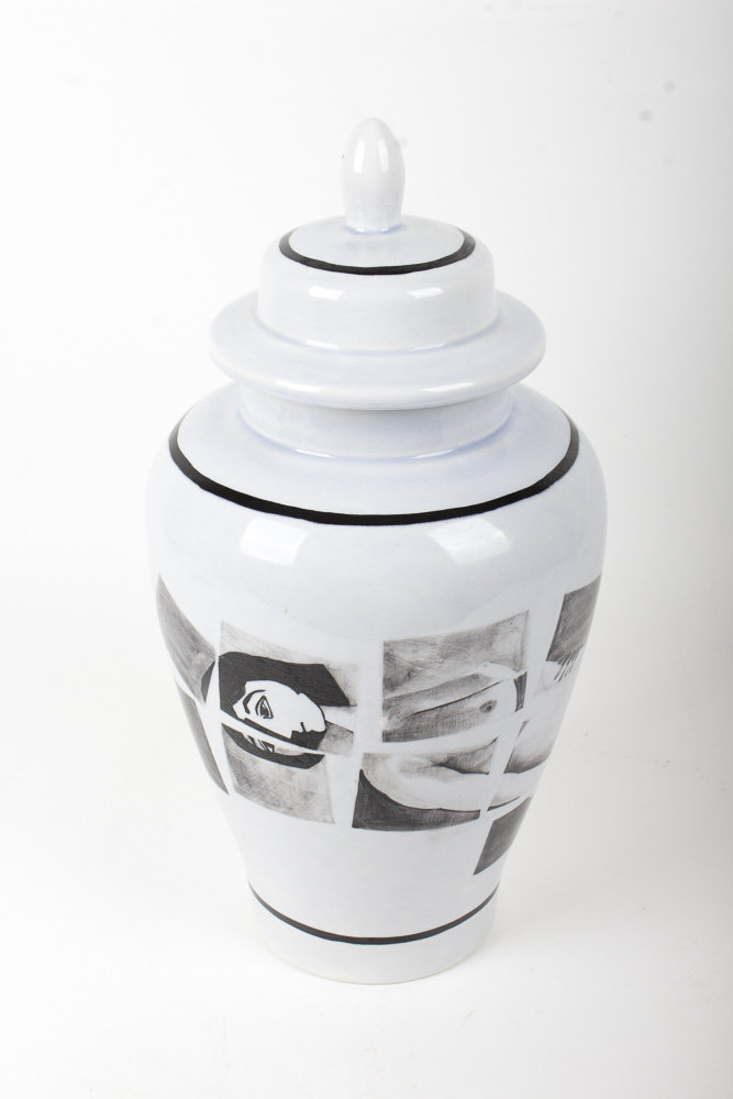 Peter Van Rossum Rare Signed Black Delft Urn Depicting Nude