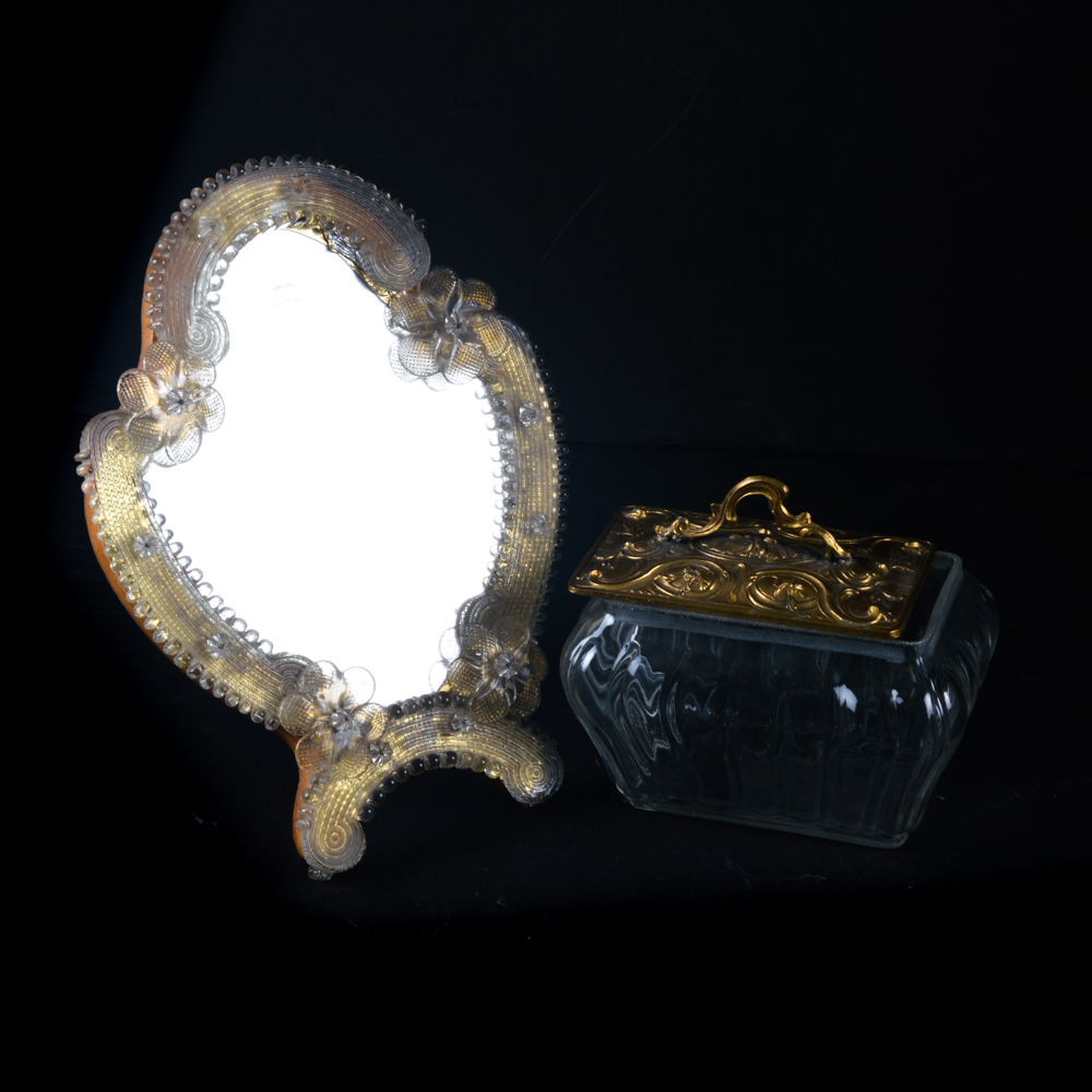 Vintage Glass Frame Vanity Mirror and Lidded Glass Dish