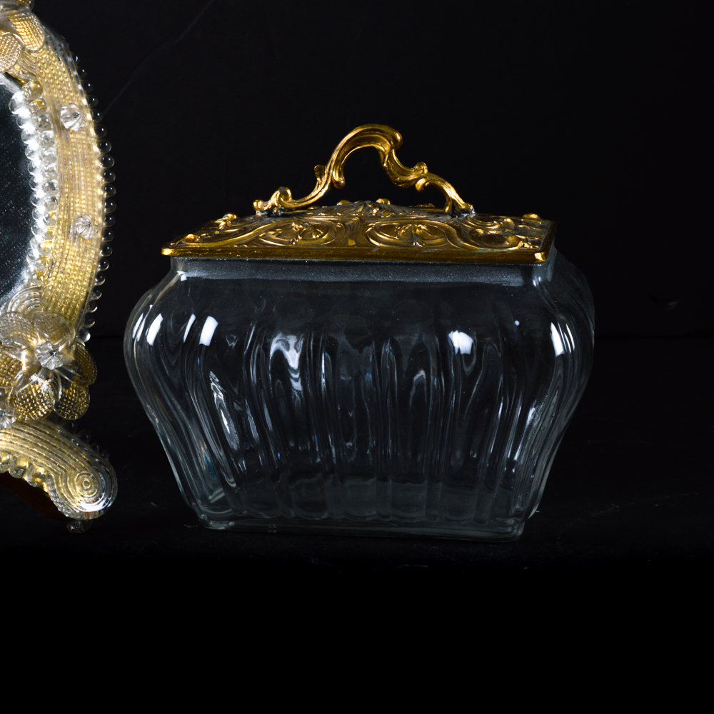 Vintage Glass Frame Vanity Mirror and Lidded Glass Dish