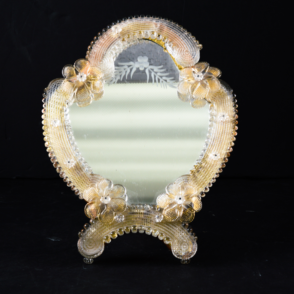 Vintage Glass Frame Vanity Mirror and Lidded Glass Dish