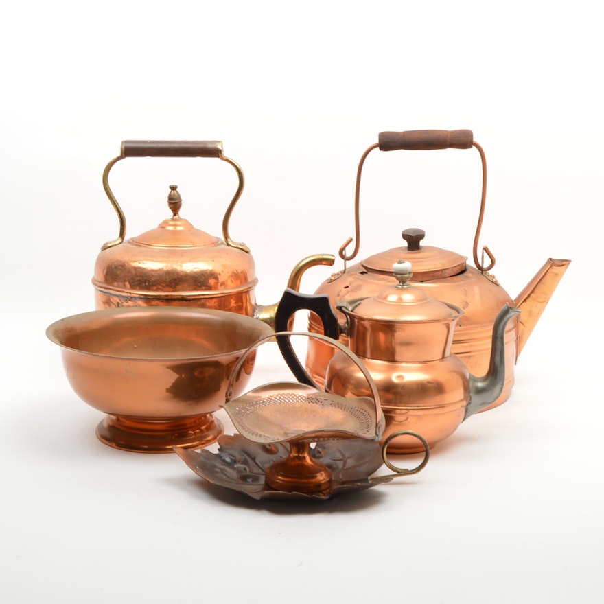 Copper and Copper Toned Kettles and Bowl