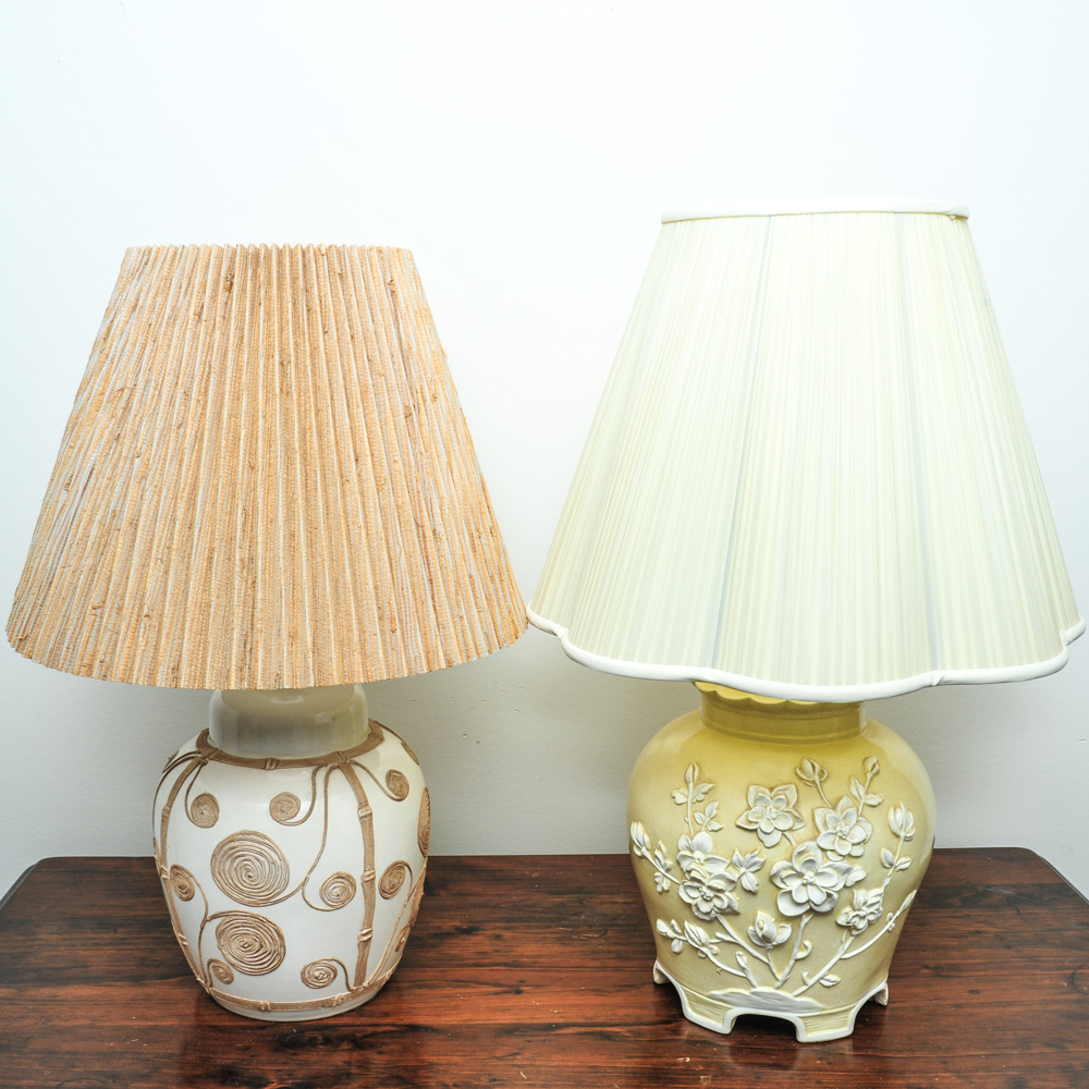 Pair of Decorated Cream Colored Lamps