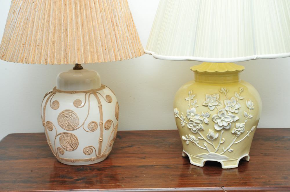 Pair of Decorated Cream Colored Lamps