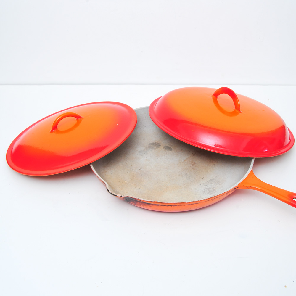 Vintage Belgian Enameled Cast Iron Skillet with Lids