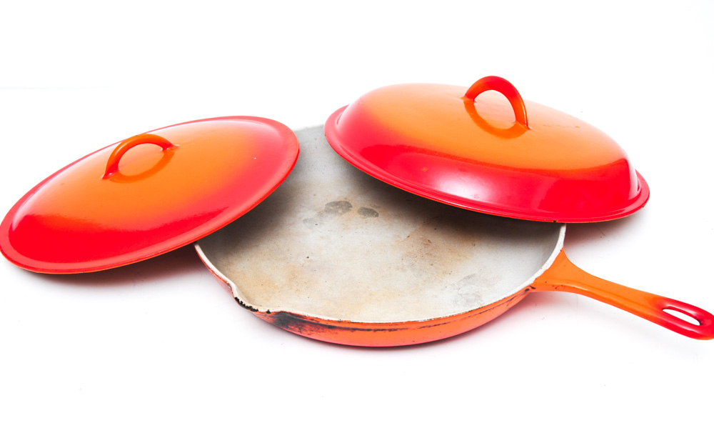 Vintage Belgian Enameled Cast Iron Skillet with Lids