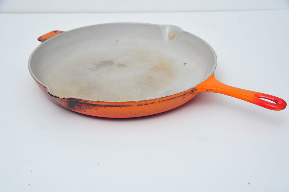 Vintage Belgian Enameled Cast Iron Skillet with Lids