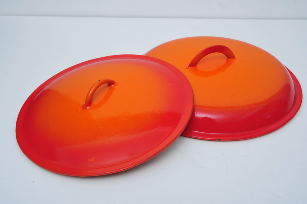 Vintage Belgian Enameled Cast Iron Skillet with Lids